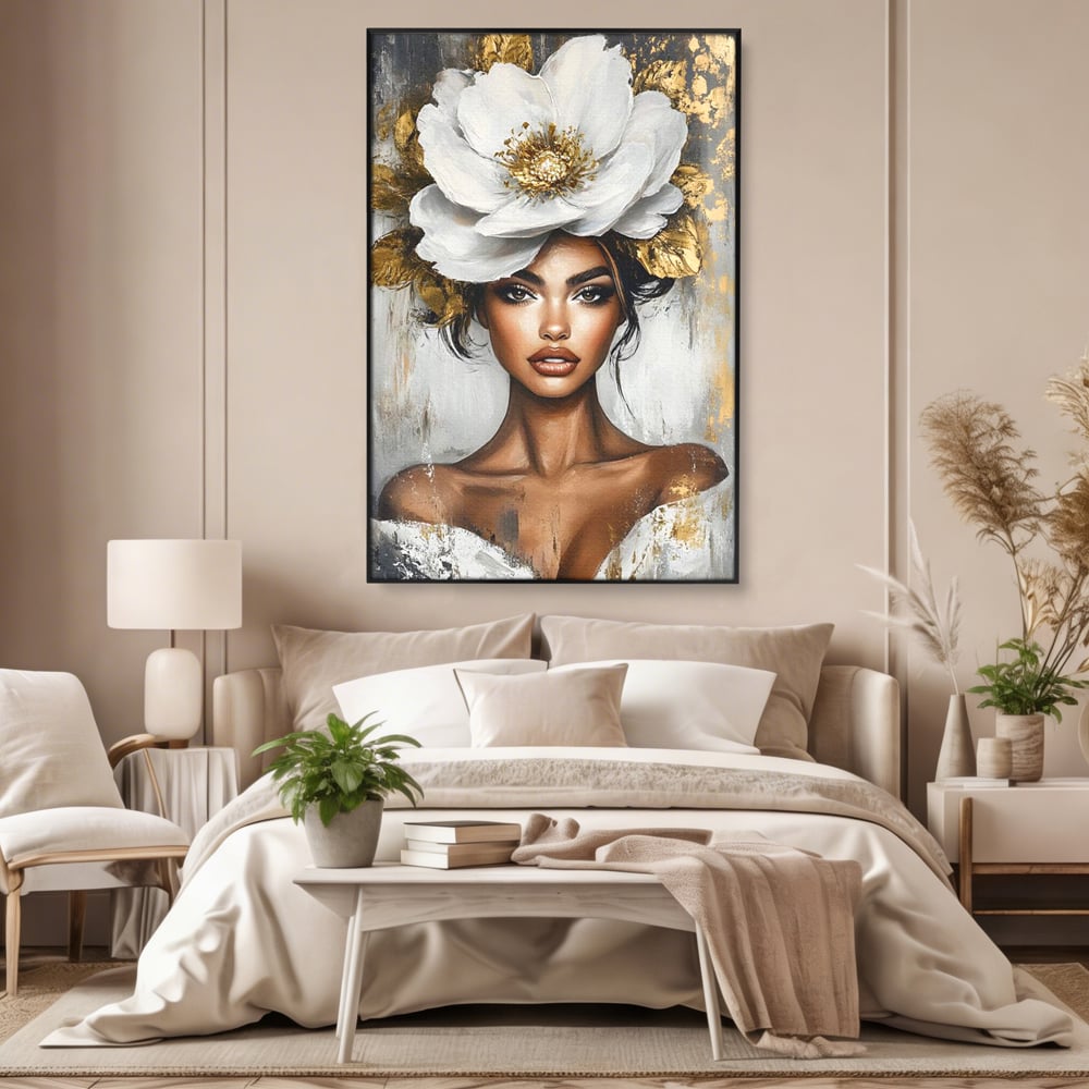 Tablou canvas cu tablou canvas cu portret de femeie si floare, in rama de aluminiu negru, pe perete intr-un dormitor